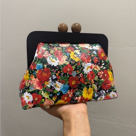 Floral Print Cowhide Leather Handmade Wooden Frame Clutch Bag/Crossbody - Picture 8 of 13